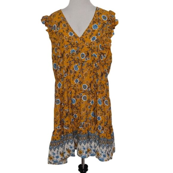 Umgee Dresses & Skirts - Umgee Floral Dress Womens Size Large Yellow Flutter Sleeve Contrast Hem Pullover